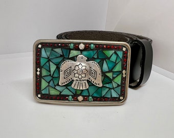 Thunderbird Mosaic, Belt Buckle, turquoise stained-glass, Unisex, Leather Belt, Native American inspired, western belt, Camilla Klein
