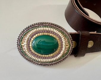 Green Agate Handmade Gemstone Belt Buckle by Camilla Klein on Leather Belt strap, Mosaic artist, Boho, Unisex, beaded, embellished accessory