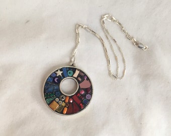 Micro mosaic necklace, Rainbow pendant, spectrum, chakra, camilla klein, corona recovery, handmade in the USA, silver, gay pride gift, LBGT