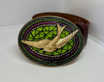 Bird Buckle, Swallow, Lime Green, Leather Belts, womens belts, pink and green, handmade, belt buckle, stained glass, mosaic, made in the USA