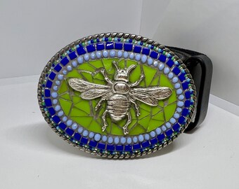 Honeybee Buckle, Western-style belts for Women, leather belt straps, Lime, royal blue, mosaic buckle handmade in the USA by Camilla Klein