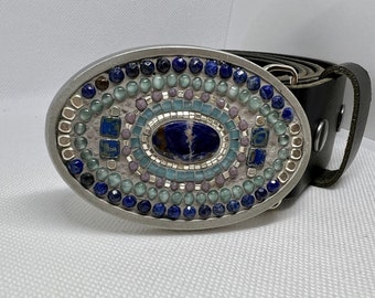 Blue sodalite embellished belt buckle on leather strap handmade by Camilla Klein, beaded, mosaic accessories for women, for men, OOAK