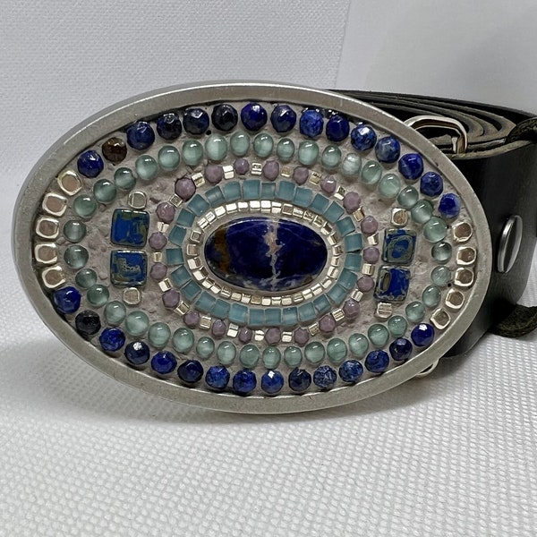 Blue sodalite embellished belt buckle on leather strap handmade by Camilla Klein, beaded, mosaic accessories for women, for men, OOAK