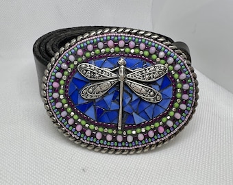 Handmade mosaic belt buckle, dragonfly on blue glass tile, leather belt strap, for women, designed by Camilla Klein, pink, green, OOAK