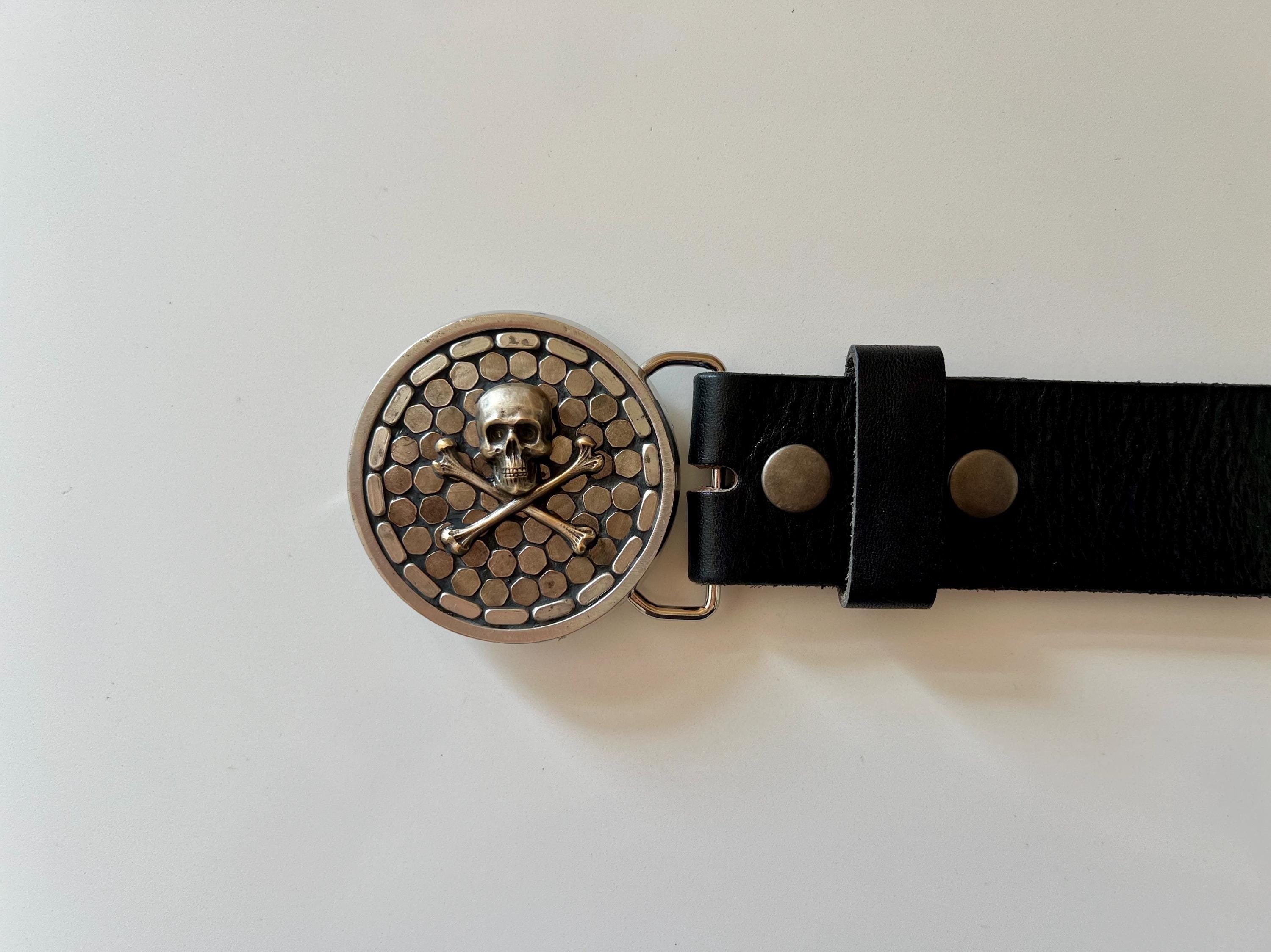 Handmade Skull & Crossbones Mosaic Belt Buckle With Leather 