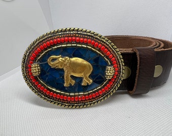 Mosaic Belt Buckle with Brass Elephant on Aqua stained glass on leather belt strap handmade by Camilla Klein, for Women for men, brass