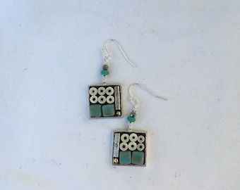 Geometric Design, Ceramic, turquoise and silver, Micro mosaic, Earrings, Handmade, Camilla Klein, Square, abstract, silver jewelry