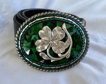 Shamrock, four-leaf clover, mosaic belt buckle, leather belt, lucky, Ireland, for women, handmade, Camilla Klein, green, St. Patrick's Day