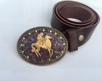 SALE, Lady Godiva, Mosaic, Buckle, Leather Belt, for Women, Brass Buckle, Western Buckle, Large Oval, Purple, Camilla Klein, naked lady