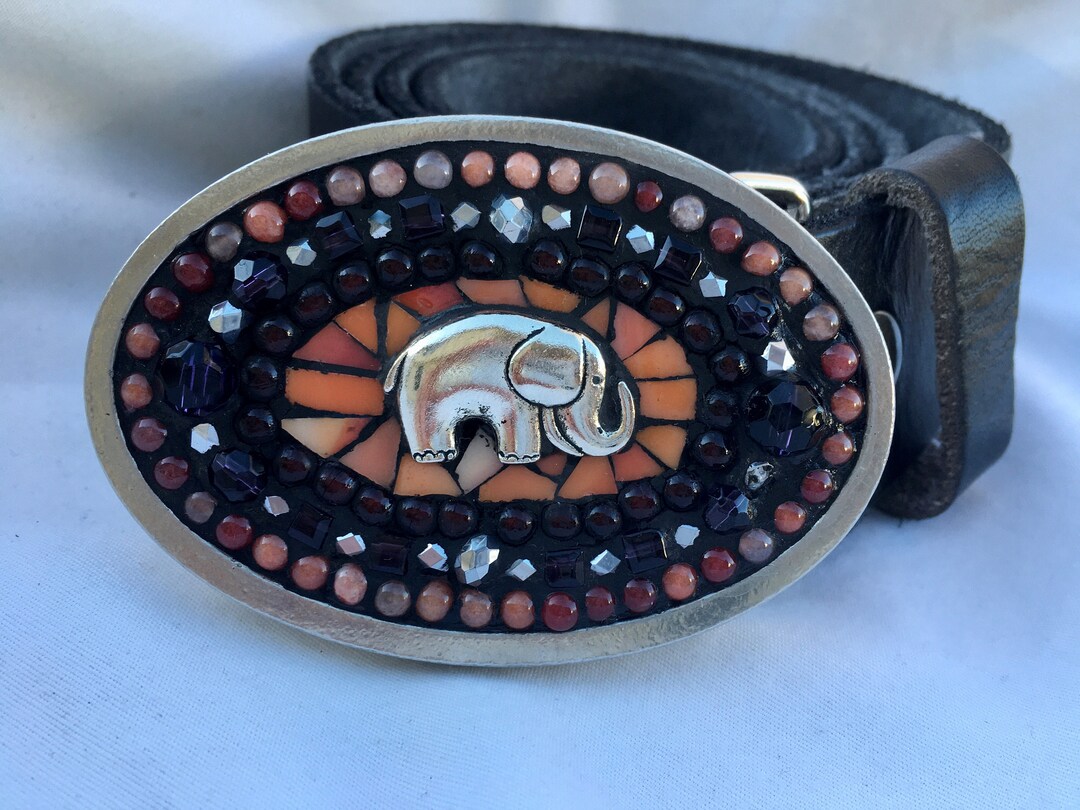 SALE Elephant Belt Buckle Mosaic Peach Leather Belts Etsy