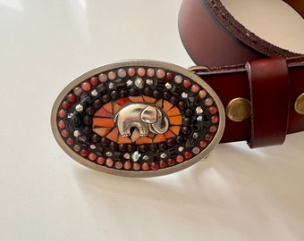 SALE, Elephant, Belt Buckle, Mosaic, Peach, Leather Belts for Women, Handmade, Camilla Klein, Pachyderm, Good Luck, Stained Glass, Big Five