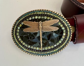 Dragonfly Belt Buckle on Leather Belt Strap with green glass mosaic for women, handmade in USA by Camilla Klein, beaded, oval, brass, OOAK