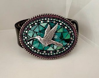 Hummingbird belt, mosaic buckles for women on leather strap, handmade in USA by Camilla Klein, oval western style embellished beaded buckle