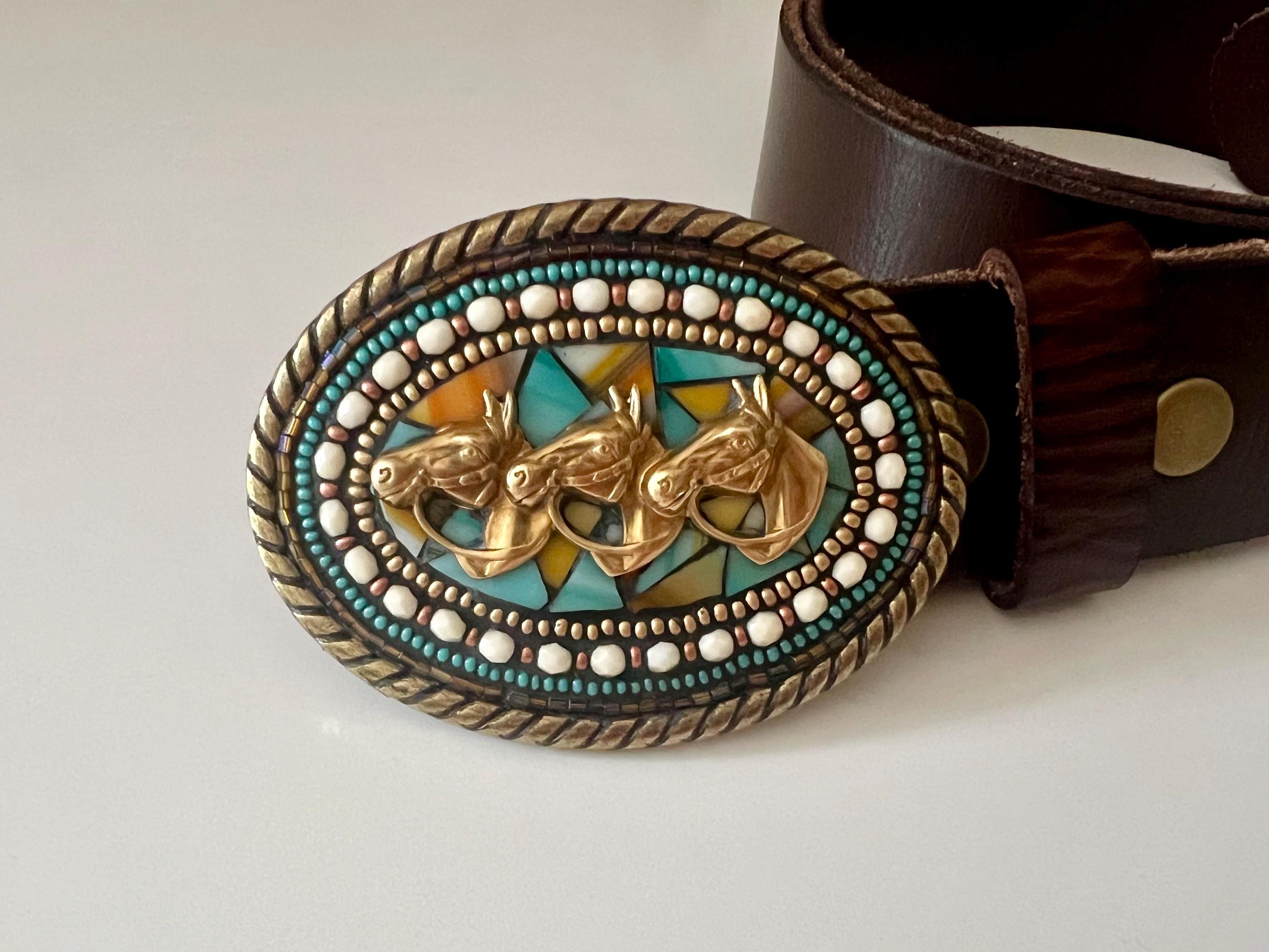 Unique Belt Buckle‎ Wood Mosaic With Multicolor Crystal Stones Silver Base Plata de Santa Fe Jewelry main image 3