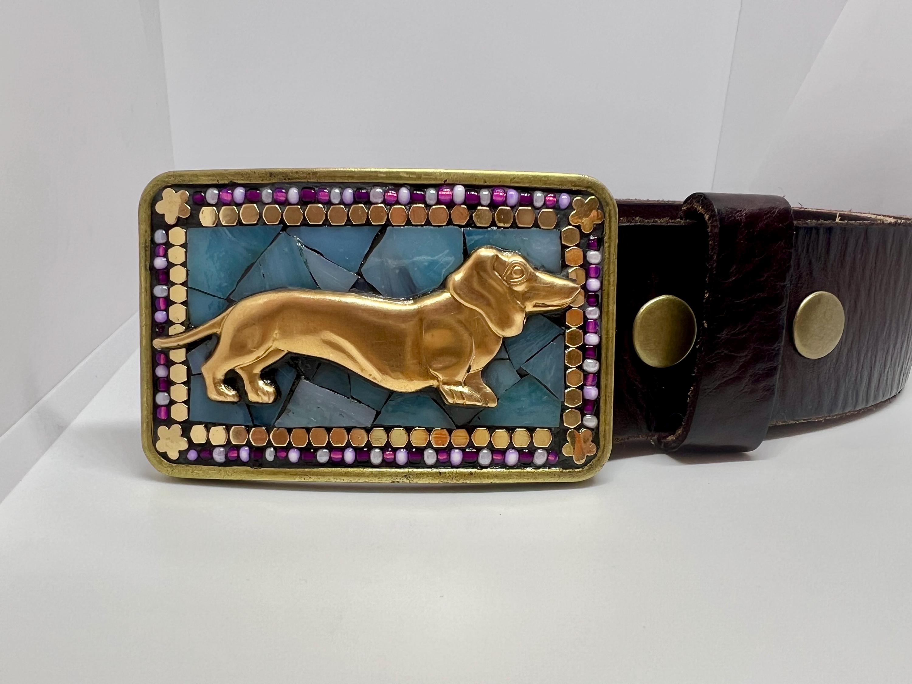 Dachshund Belt Buckle: Handmade Stained Glass Mosaic, Dog 