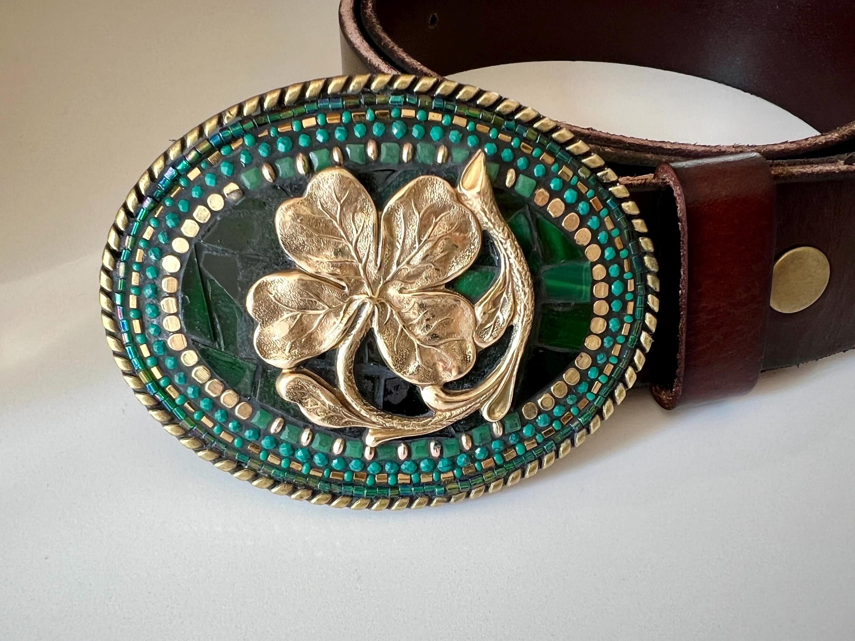 Handmade Brass Four-Leaf Clover Mosaic Belt Buckle: Optional Leather Belt