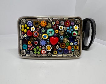 Flower Power Buckle, Mosaic Buckle, Floral, Leather Belts for Women, Camilla Klein, Multicolored Belt, Handmade in the US