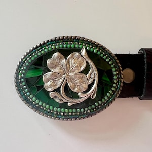Handmade Mosaic Shamrock Belt Buckle: Stained Glass Clover, Leather Belt Option
