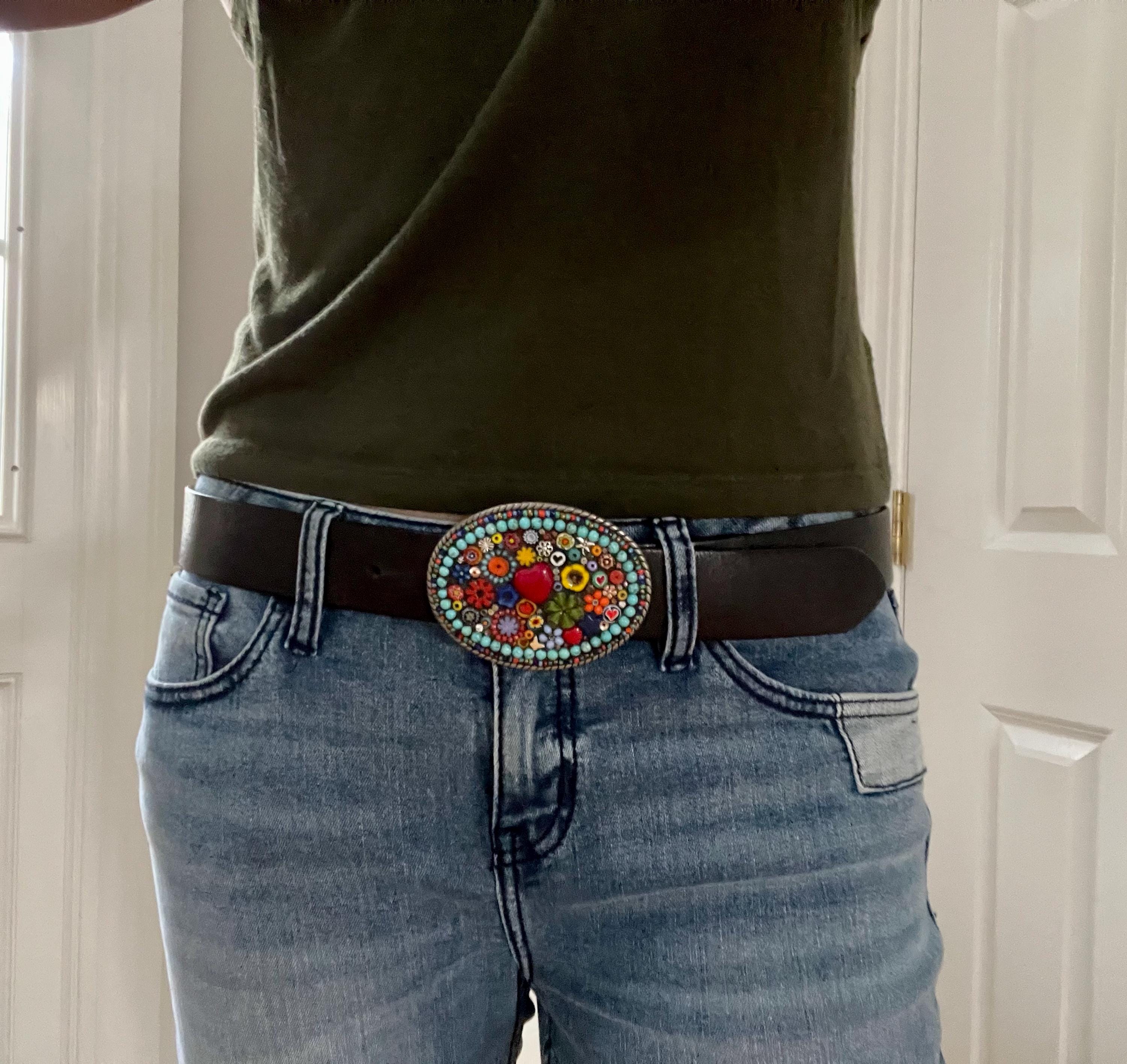 Bohemian Statement Belt Mosaic Stone & Crystal Buckle Leather handmade in ?? Rhinestone Belt Rhinestone Crystal Buckle Full Grain Tooled  main image 3