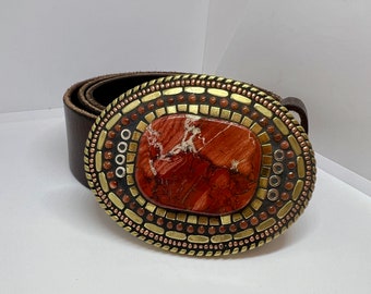 jasper belt buckle, for women, leather belt, for men, camilla klein, handmade, gemstone, mosaic, brass, western, statement buckle, OOAK, red