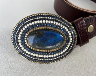 Labradorite Belt Buckle: Handmade Brass Mosaic, Boho Western Style