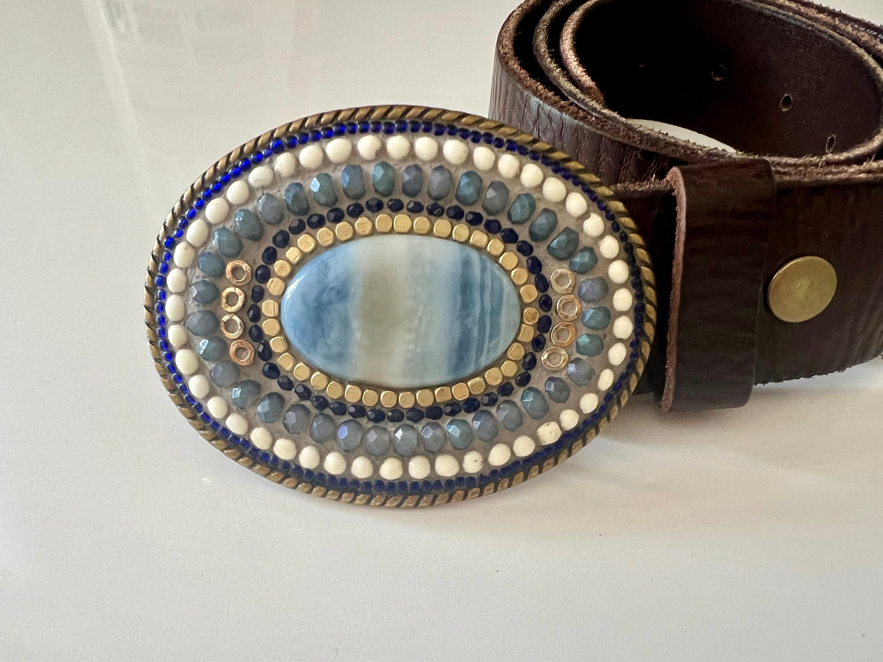 Owyhee Gemstone Mosaic Belt Buckle: Handmade Brass & Czech Glass