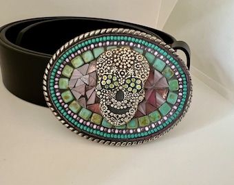 Day of the Dead Belt, Skull Buckle, Buckles for Women, Cinco de Mayo Belt, Camilla Klein, Mosaic Buckle, Custom Belt Buckle, Belt with Skull