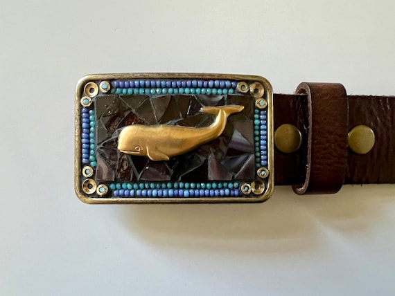 Mosaic Whale Belt Buckle: Handmade Brass Buckle With Leather  display picture 2