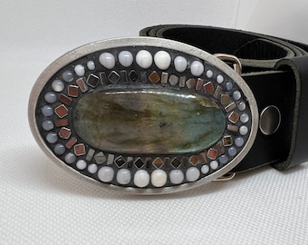 Labradorite Belt Buckle, Camillas Buckles, Unisex Belts, Silver Buckle, Western, Gemstone, Handmade, OOAK, Leather Belts for Men, Mosaic