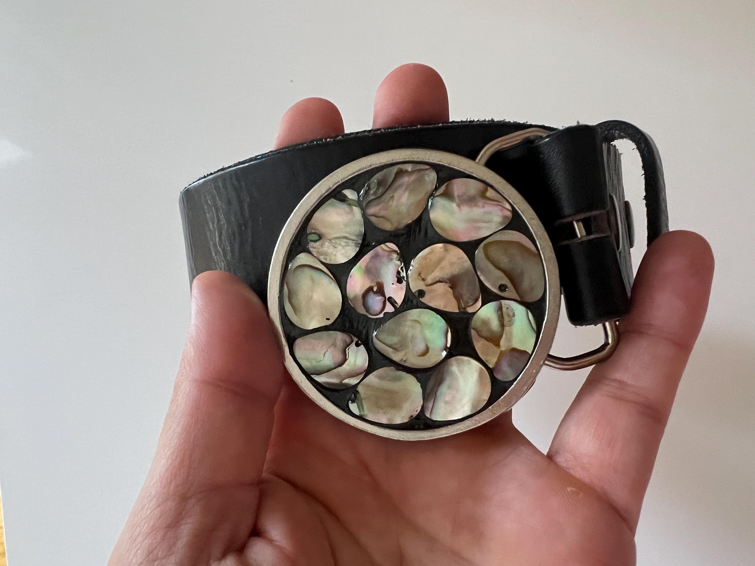 Unique Handmade Leather Rock pewter, abalone, and crystal belt buckle Abalone Cameo Belt Buckle main image 2