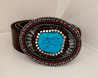 Turquoise Mosaic Belt Buckle: Handmade Pewter Western Accessory