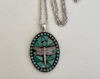 Dragonfly, Micromosaic pendant, mosaic, necklace, Camilla Klein, Handmade micro mosaic, turquoise, Silver jewelry, in memory, remembrance