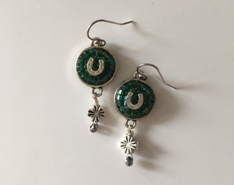 St Patrick's Day, Lucky earings, horseshoe earings, mosaic jewelry, green earrings, Irish, Lucky, Ireland, clover, shamrock