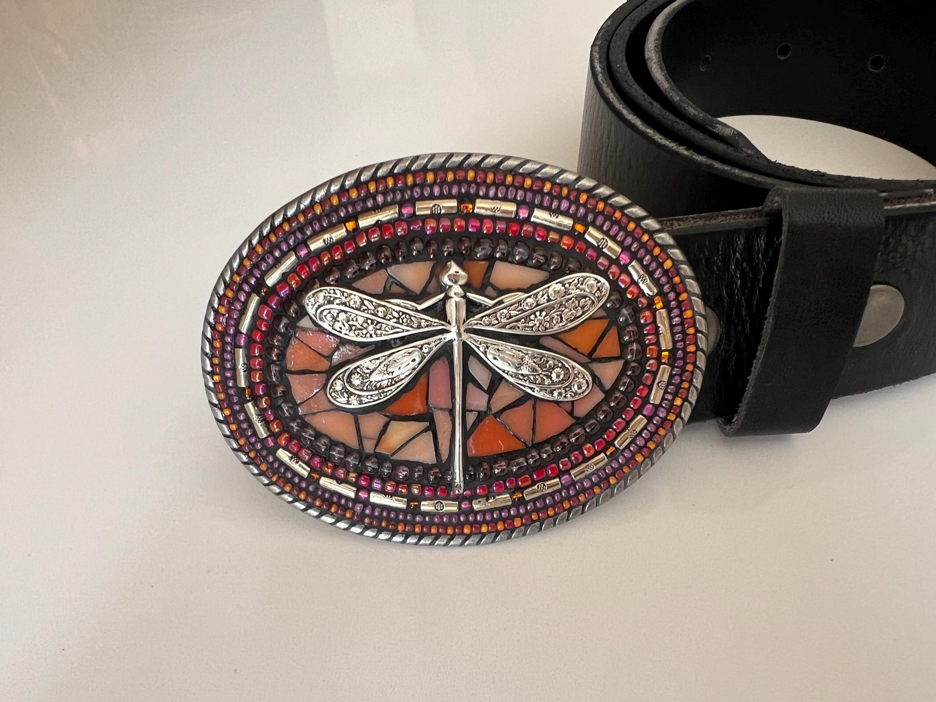 Dragonfly Mosaic Belt Buckle: Peach Glass, Beaded Border  display picture 2