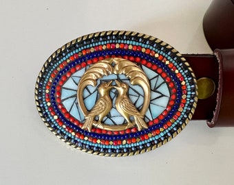 Lovebirds Mosaic Buckle, Leather Belt Strap, for women, handmade Camilla Klein, oval, brass, buckle, orange and blue, beads, stained glass