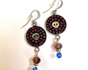 micromosaic, earrings, skull, micro mosaic, Camilla Klein, red, hearts, dangle, jewelry, handmade in the USA,  wire wrapping, gift