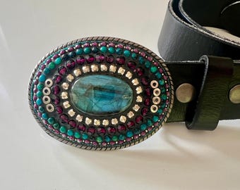 Labradorite Mosaic Belt Buckle: Beaded Gemstone Accessory