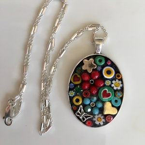 Micro Mosaic Pendant Necklace: Sterling Silver Chain, Flowers & Hearts