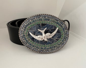 Bird Buckle, Western-style belts for women, leather, gray, green, swallow, mosaic buckle handmade in the USA by Camilla Klein