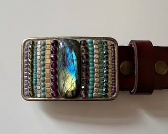 Labradorite Gemstone Mosaic Belt Buckle with Leather Strap, handmade by Camilla Klein, Unisex, Brass, Oval, Beaded, two-tone, mixed metals
