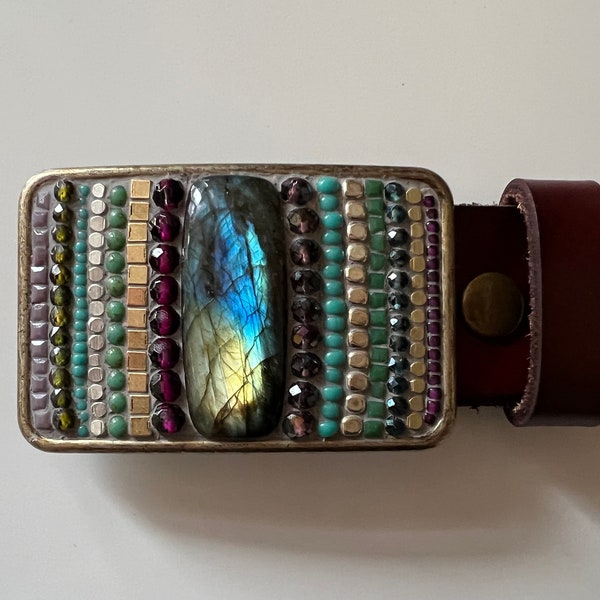 Labradorite Gemstone Mosaic Belt Buckle with Leather Strap, handmade by Camilla Klein, Unisex, Brass, Oval, Beaded, two-tone, mixed metals