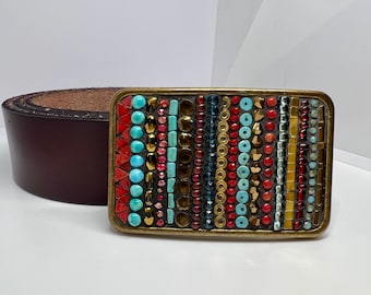 Turquoise Belt Buckle, Stripes, Leather Belt, Belts for Women, Custom Belt Buckle, Red and Turquoise, Brass Buckle, Western Buckle, Handmade