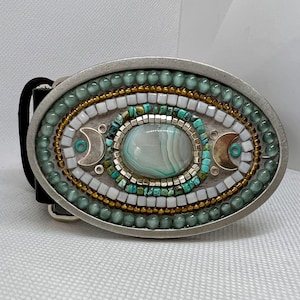 Green Agate, Turquoise Mosaic Belt Buckle handmade by Camilla Klein, leather belt strap for women, men, unisex, pewter accessories