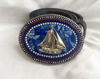 Sailboat Belt Buckle, Gift for a Sailor, Sailing, Mosaic Buckle, Unisex, Leather Belts,  Handmade, Camilla Klein, Red White and Blue, OOAK