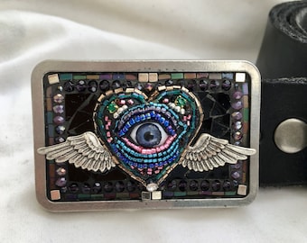 Heart Buckle, Evil Eye, Camilla Klein, Mosaic Buckle, OOAK, Embellished Buckle, Fantasy, Winged Heart, Leather Belts, Women, Wearable Art