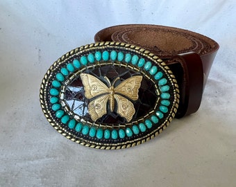 Butterfly, Belt Buckle, for women, handmade USA, Camilla Klein, Oval, Western, Brass, Mosaic, Butterflies, Leather, Purple, nature inspired