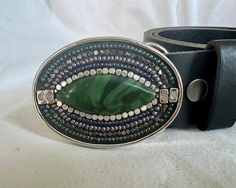 malachite belt buckle, mosaic, beaded, for women, leather belts, for men, camilla klein, handmade, gemstone, belt, green, purple, custom