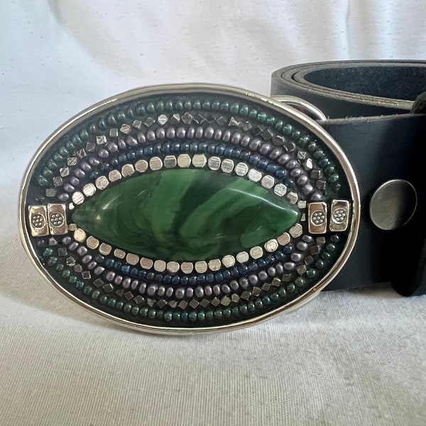 malachite belt buckle, mosaic, beaded, for women, leather belts, for men, camilla klein, handmade, gemstone, belt, green, purple, custom