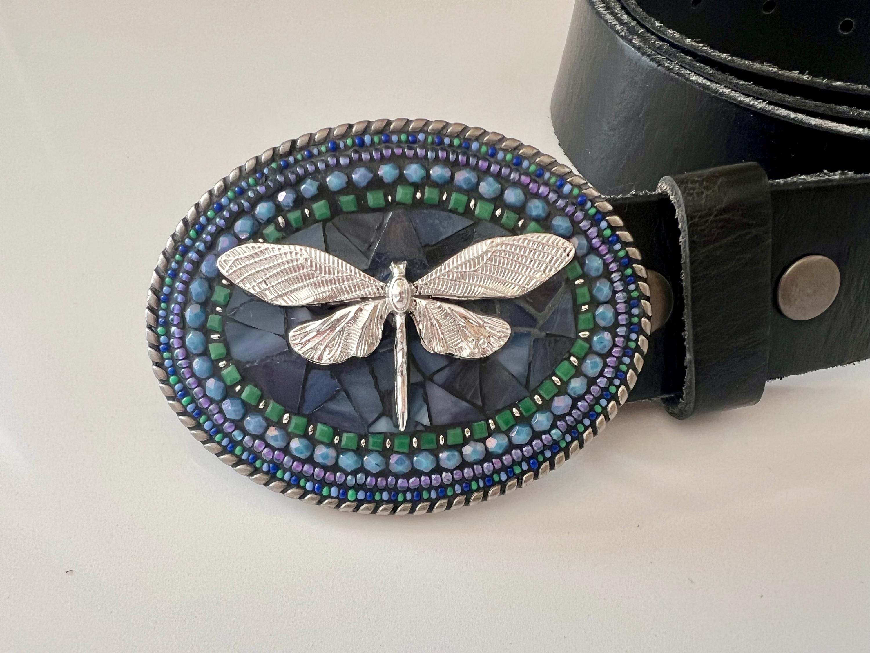 Dragonfly Belt Buckle: Handmade Pewter Mosaic With Beaded  display picture 1