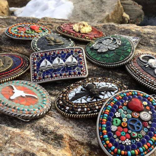 Boho Mosaic Belt Buckle: Handmade Beaded Millefiori Western  display picture 1